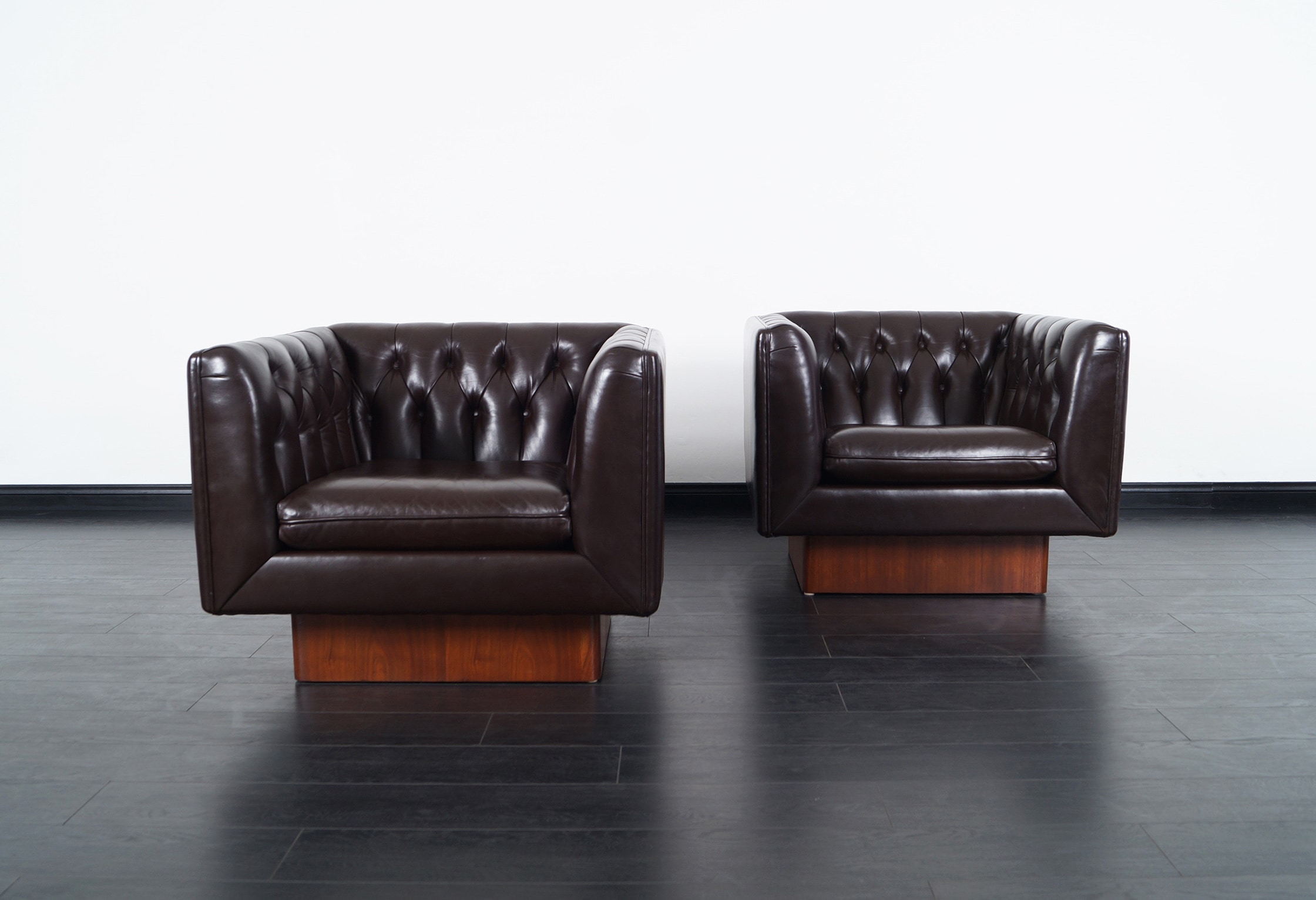 Vintage Tufted Leather Lounge Chairs by Milo Baughman