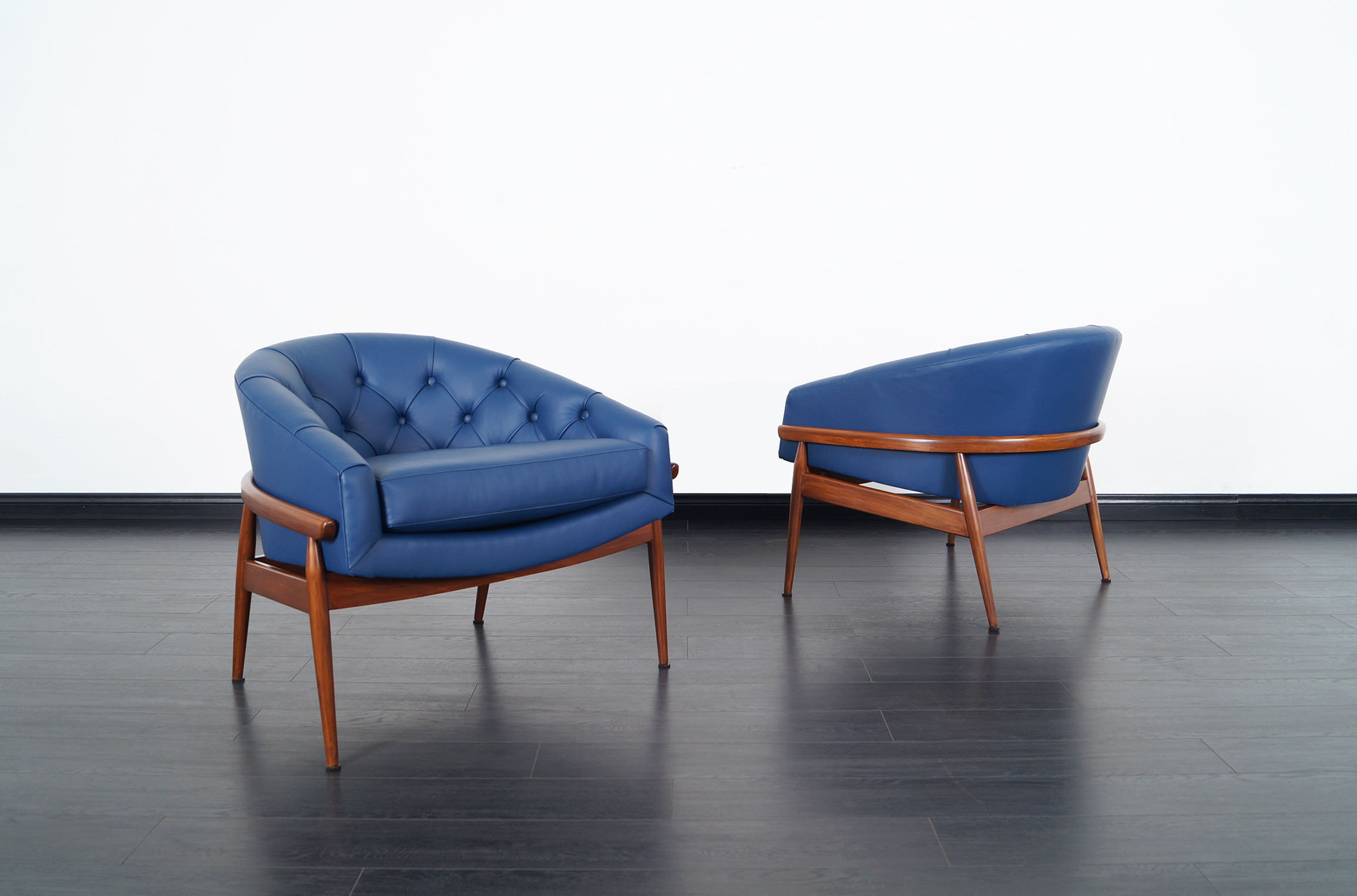 Vintage Leather Tufted Barrel Lounge Chairs by Milo Baughman
