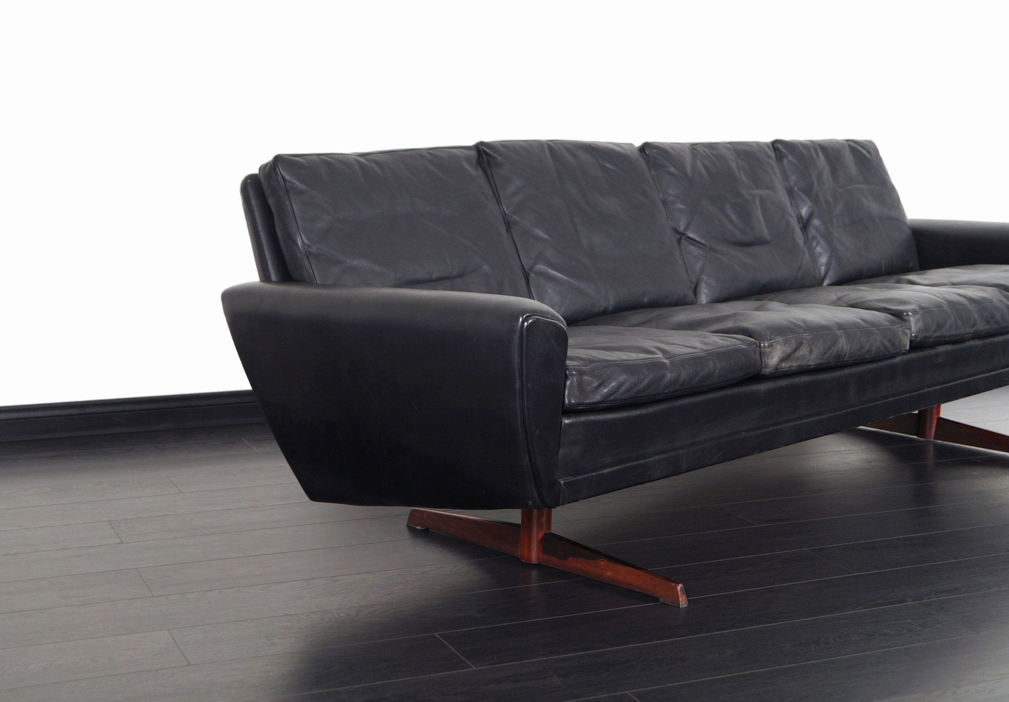Danish Leather and Rosewood Wingback Sofa by Georg Thams