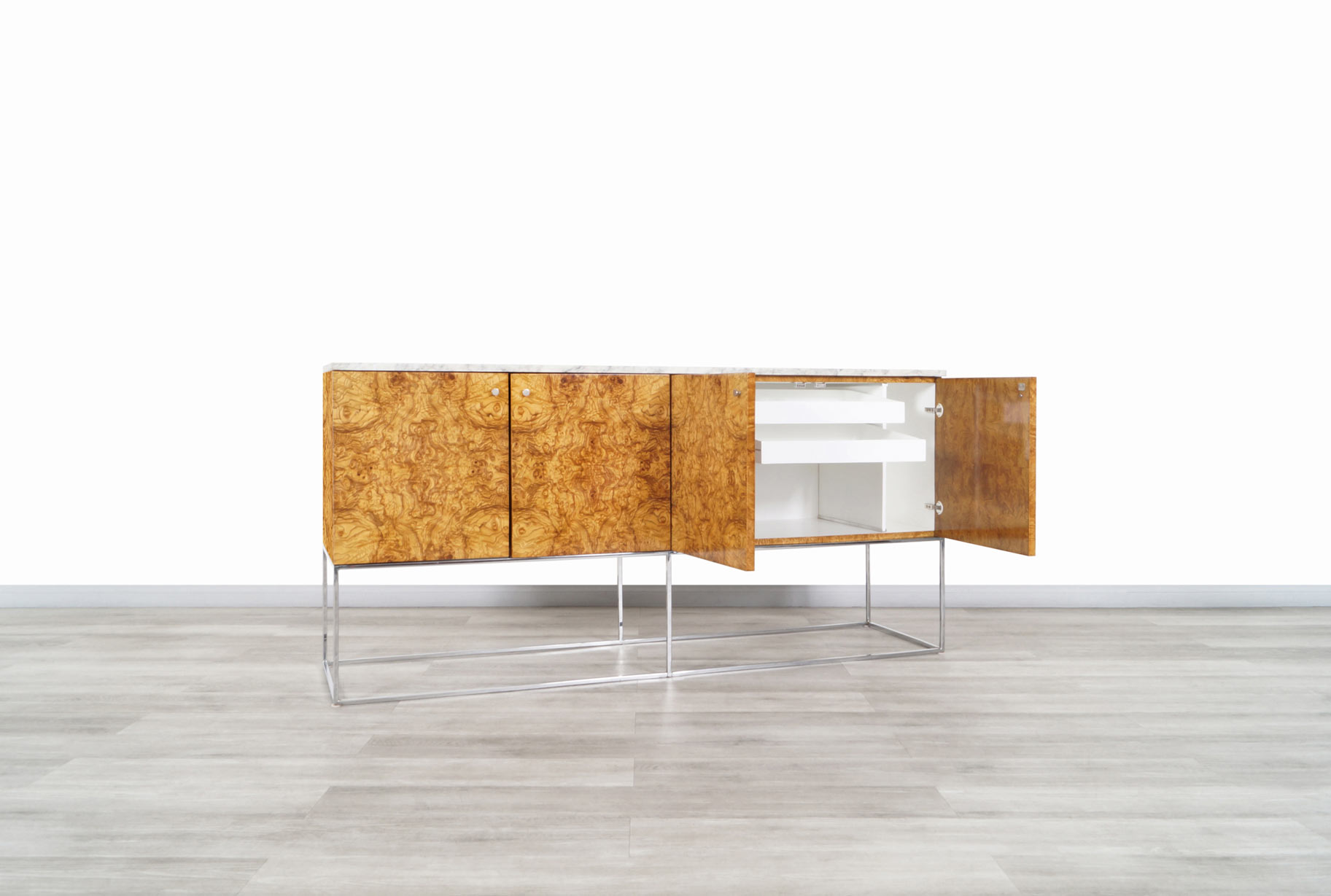 Vintage Burl Wood and Chrome Credenza by Milo Baughman