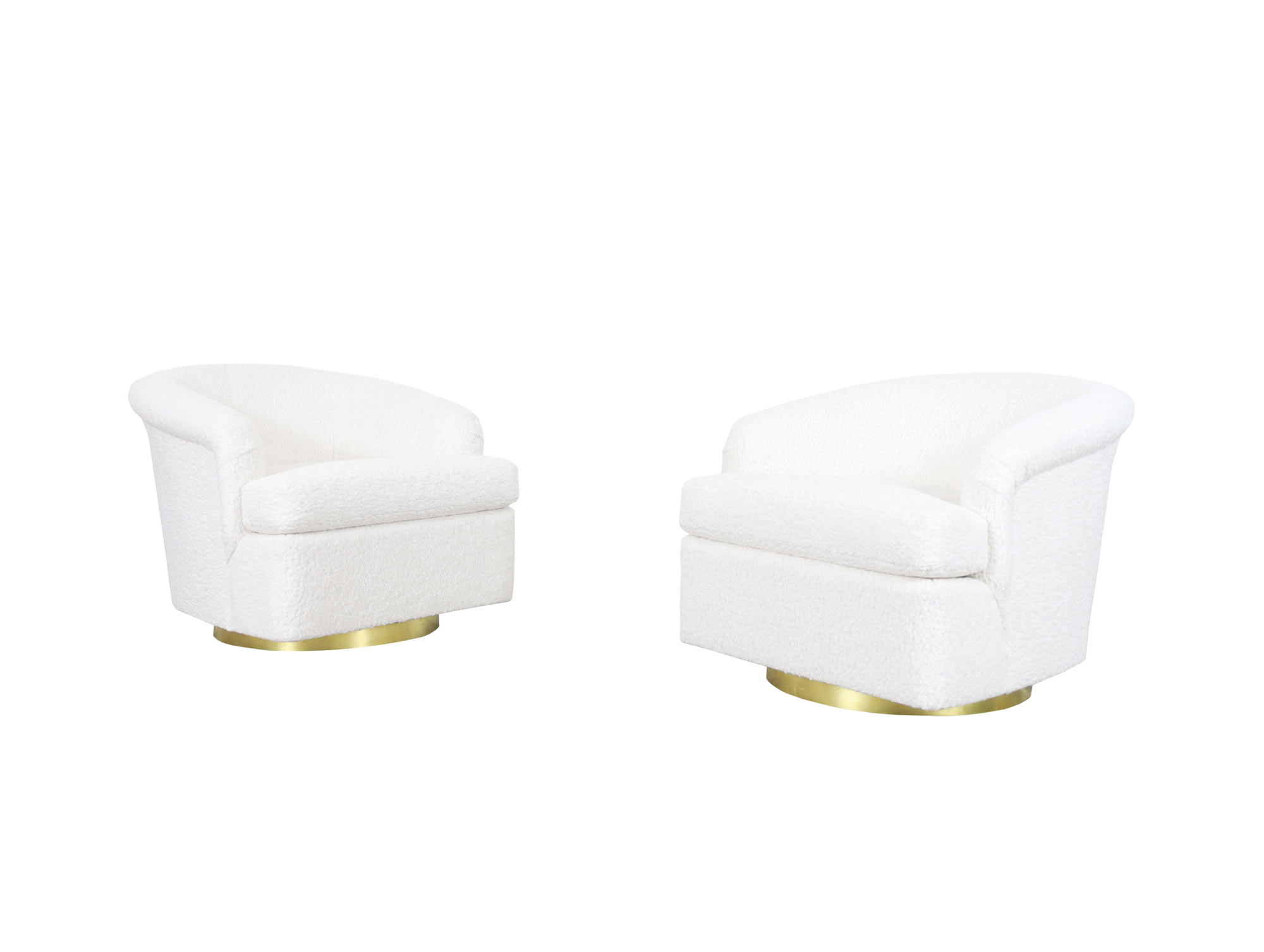 Vintage Brass Swivel Lounge Chairs in Boucle by Milo Baughman