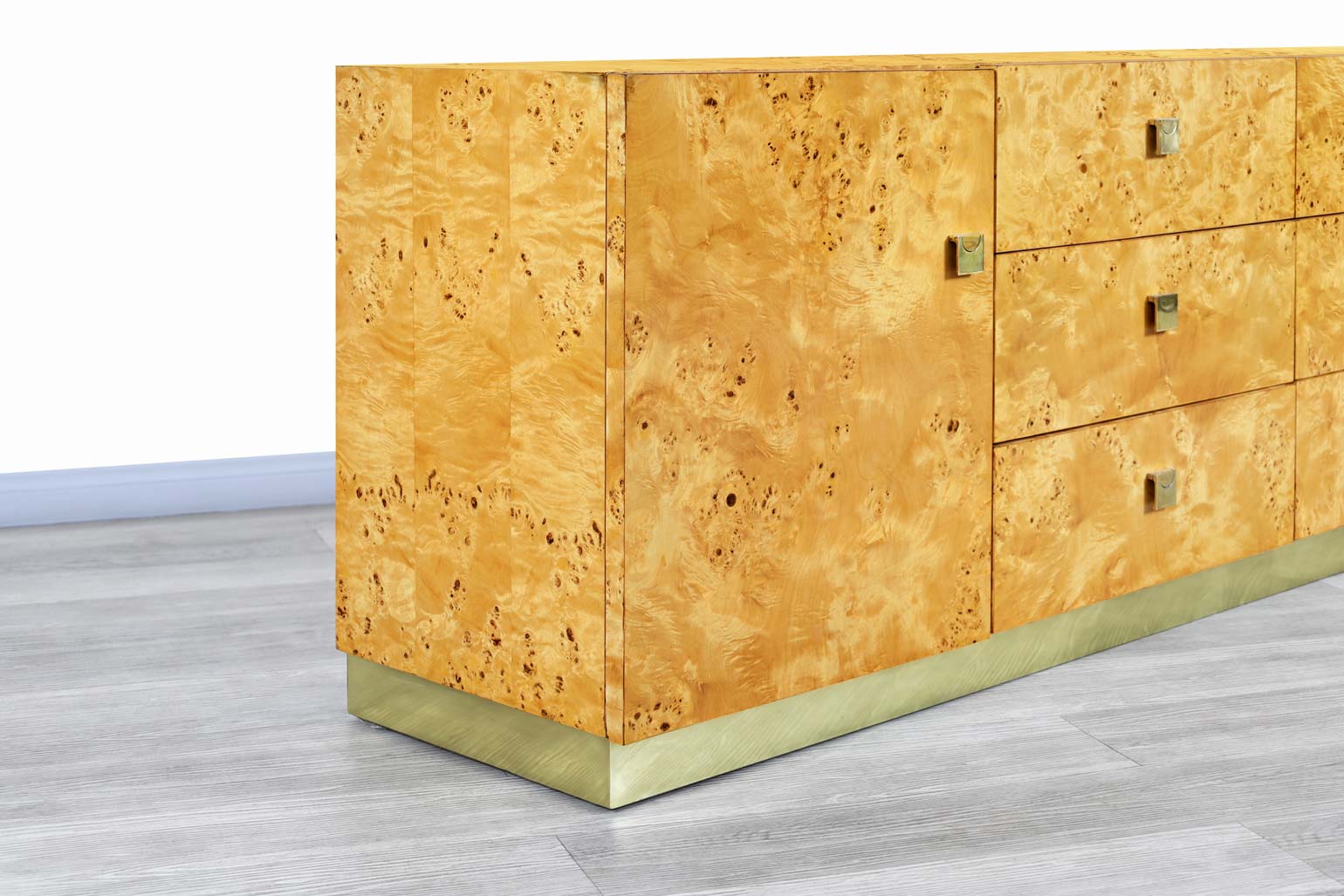 Vintage Burl Wood and Brass Credenza by Founders