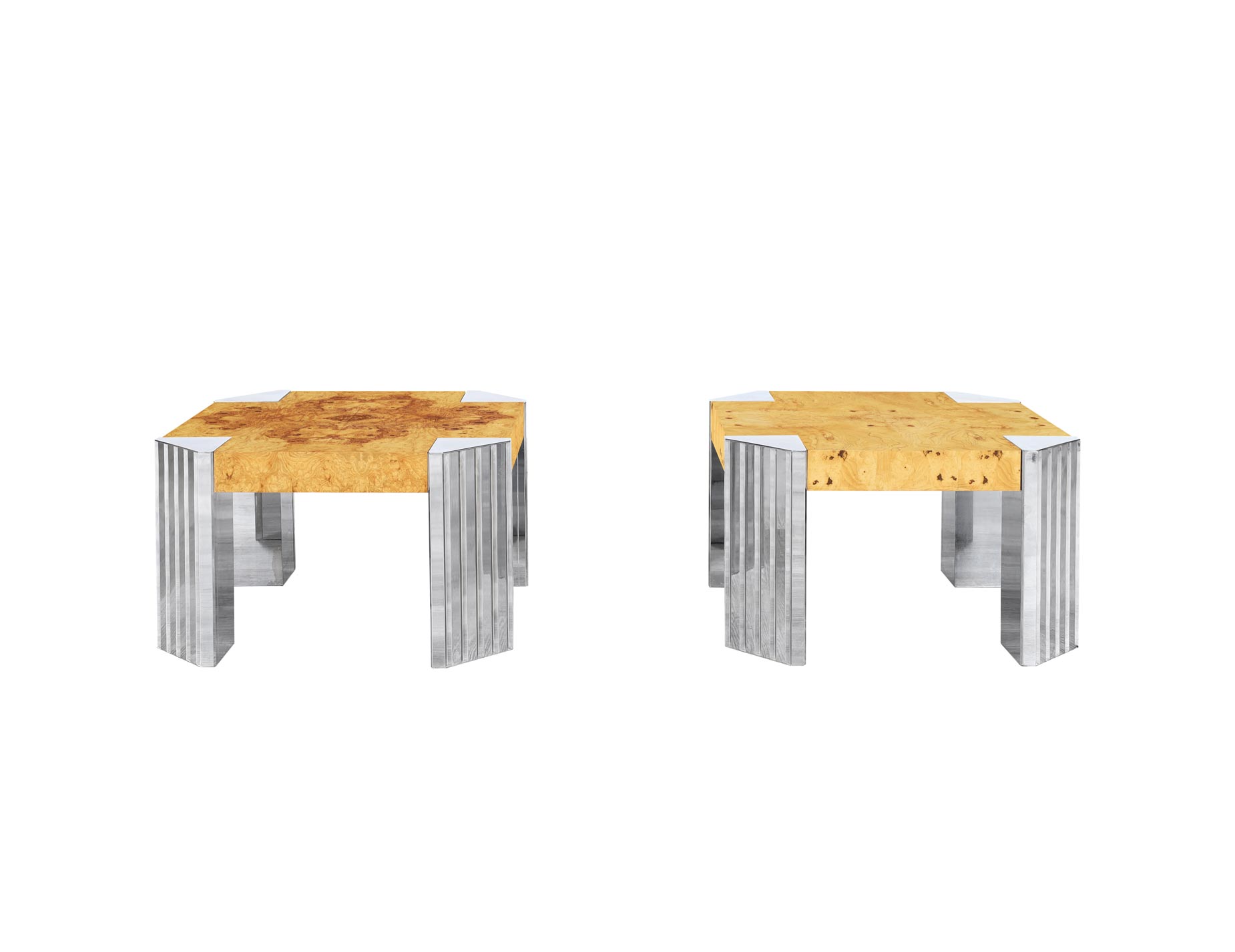 Vintage Burl Wood and Chrome Skyscraper Side Tables
