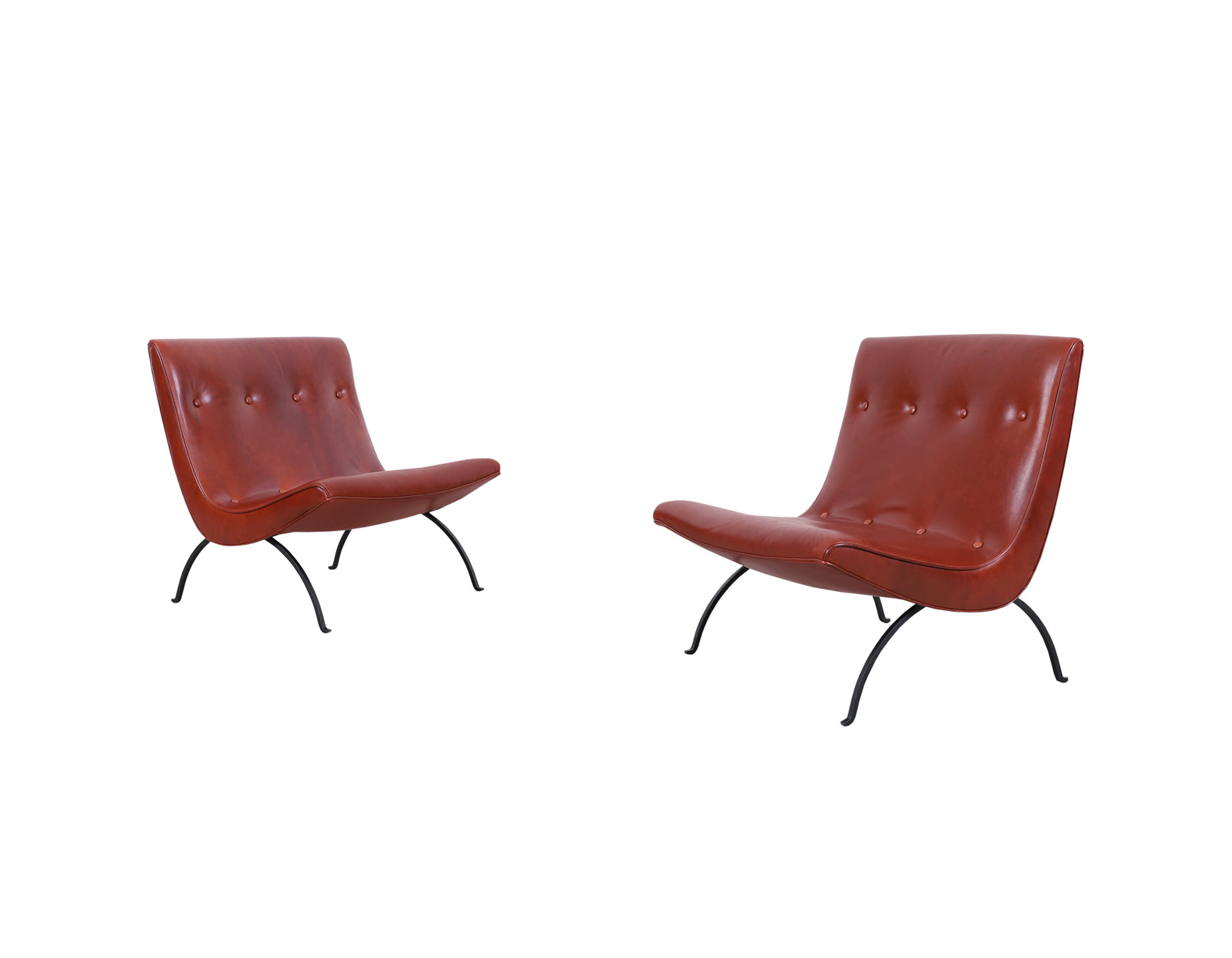 Early Leather and Iron Scoop Lounge Chairs by Milo Baughman