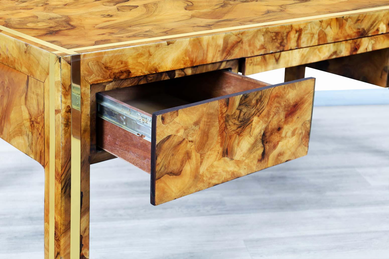 Monumental Burl Wood and Brass Executive Desk