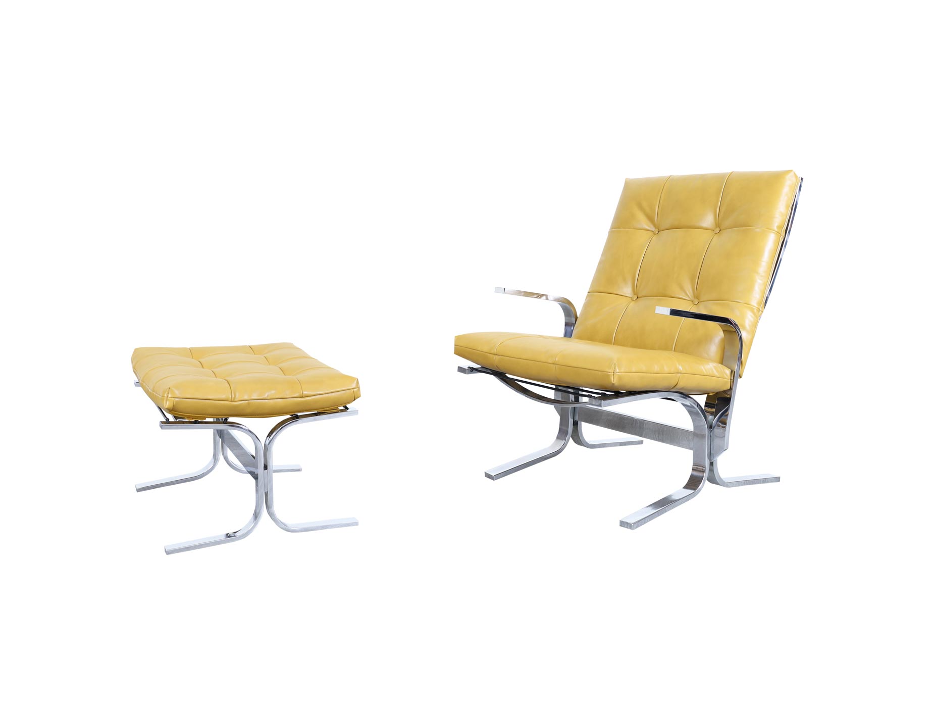 Mid Century Chrome and Leather Lounge Chair and Ottoman