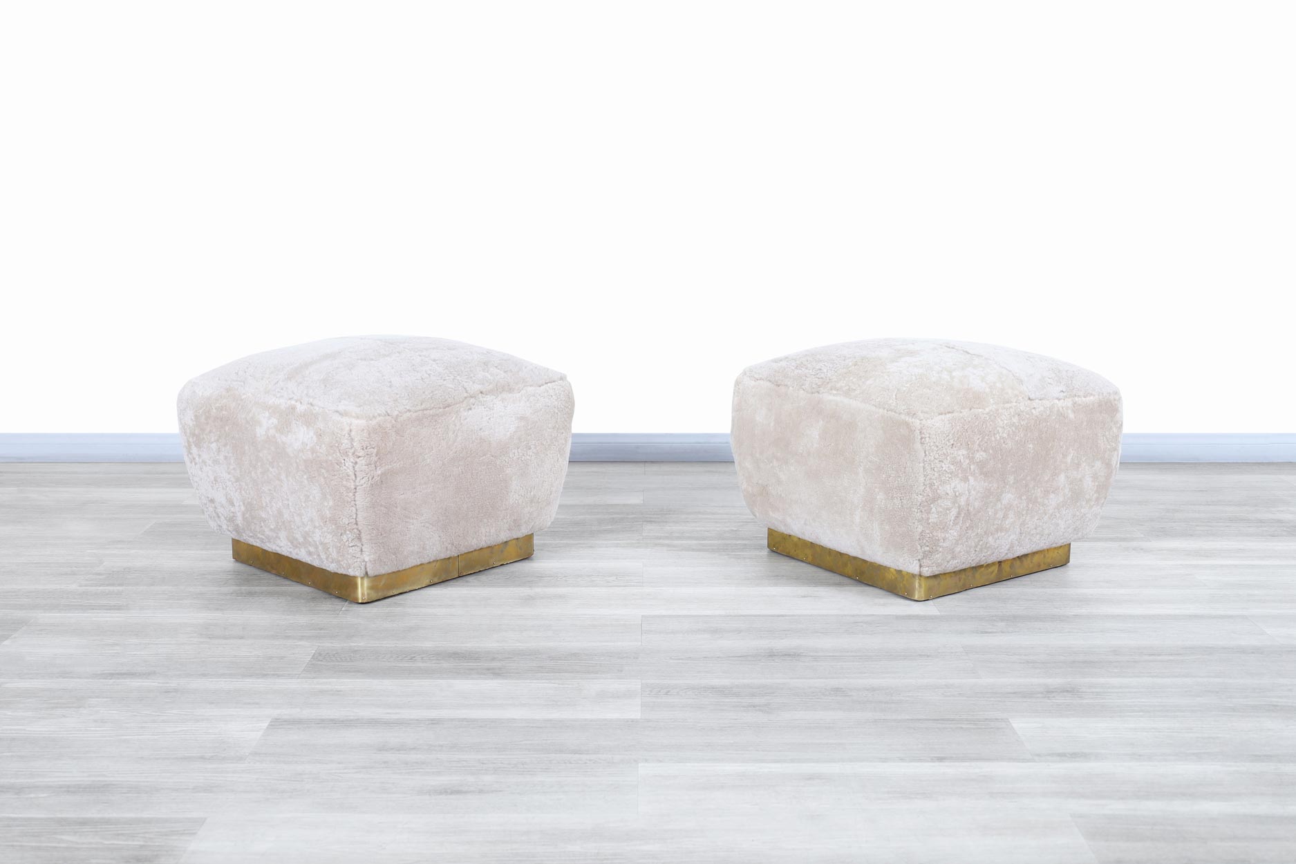 Vintage Oversized Shearling and Brass Poufs by Marge Carson