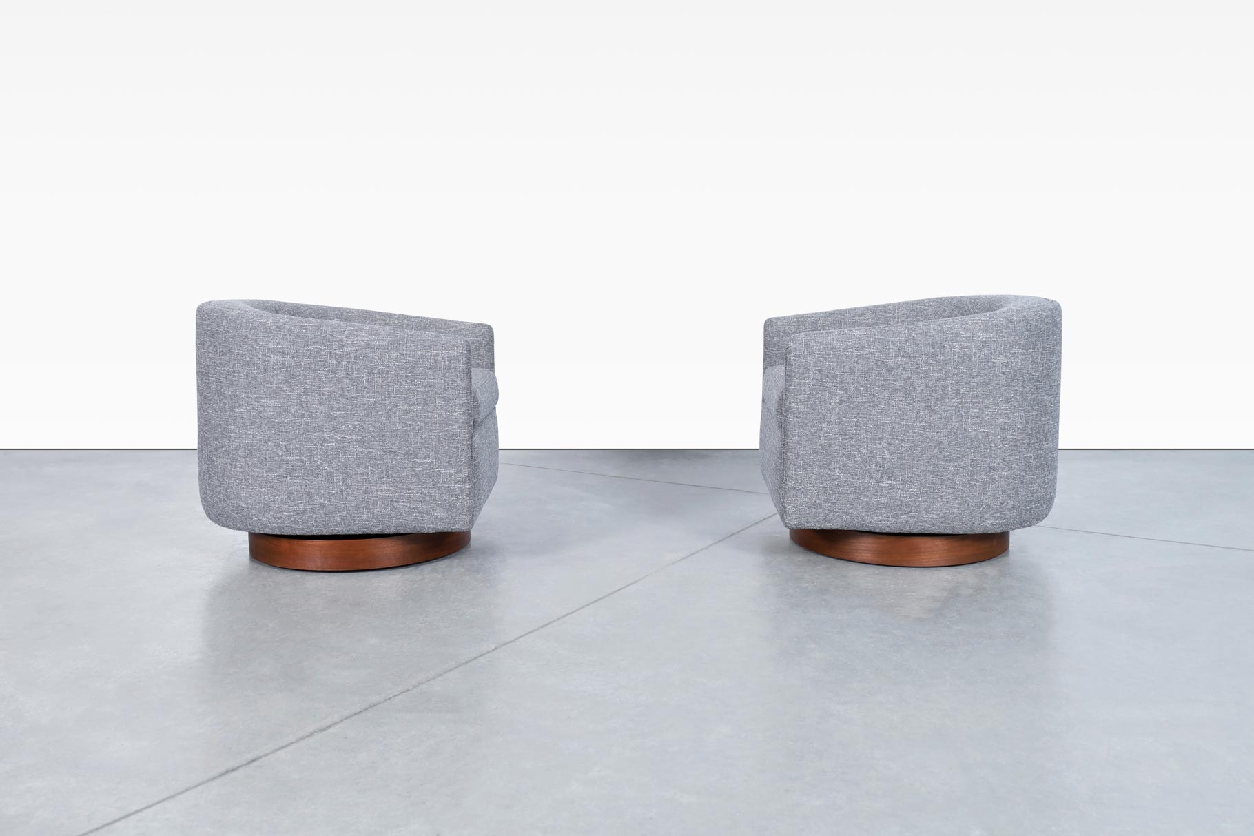 Mid Century Walnut Barrel Swivel Lounge Chairs by Directional