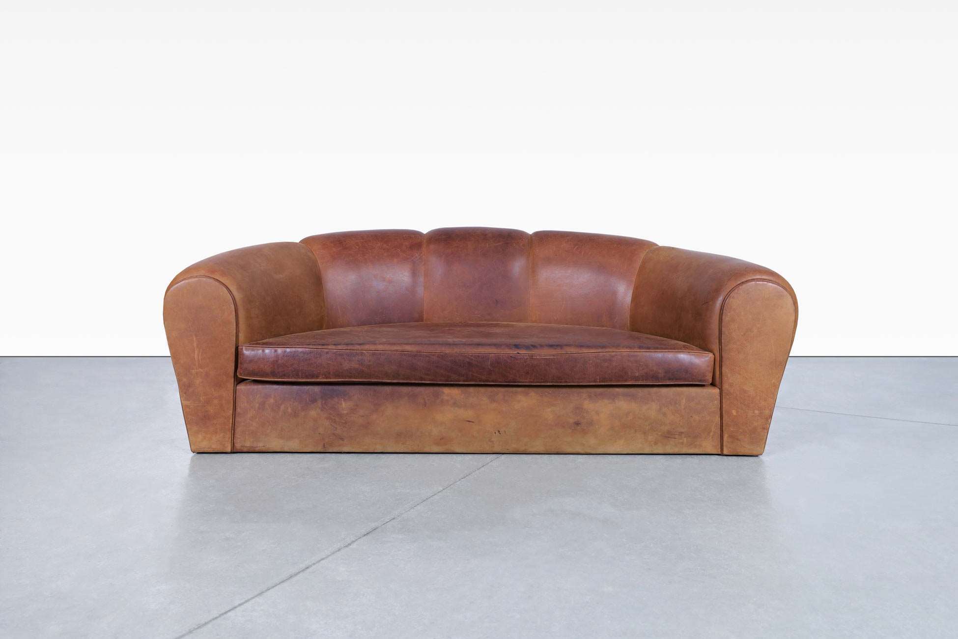 French Art Deco Leather Croissant Sofa