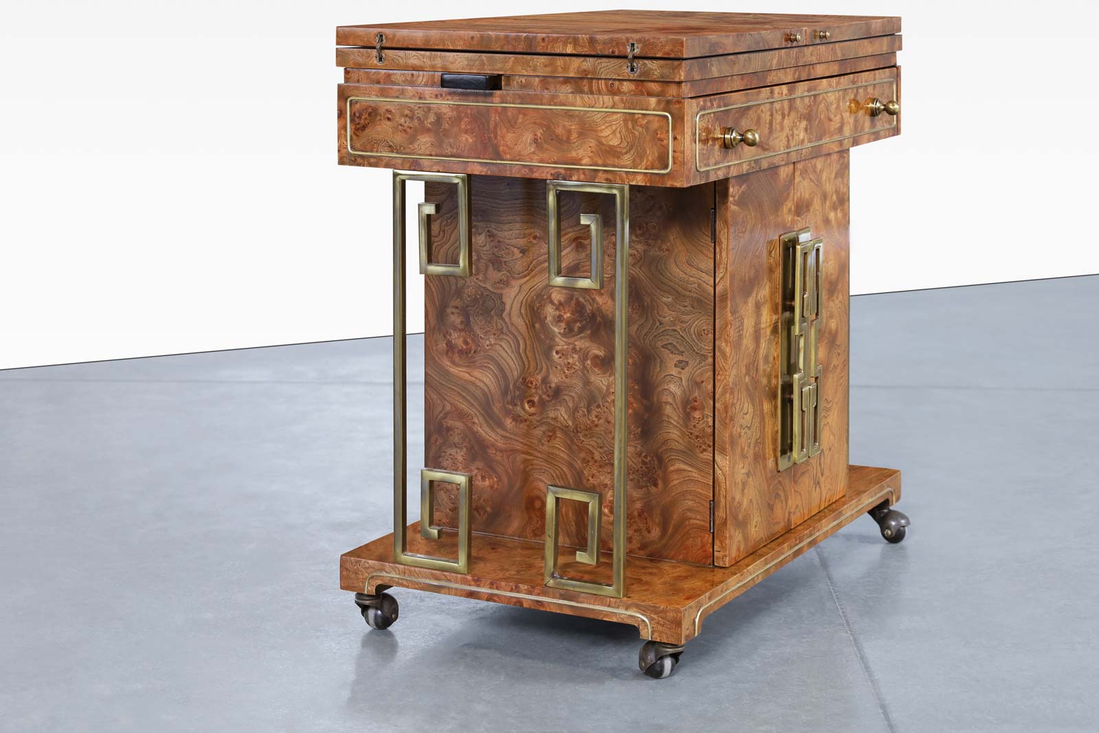 Vintage Burl Wood and Brass Bar Cart by Bernhard Rohne for Mastercraft
