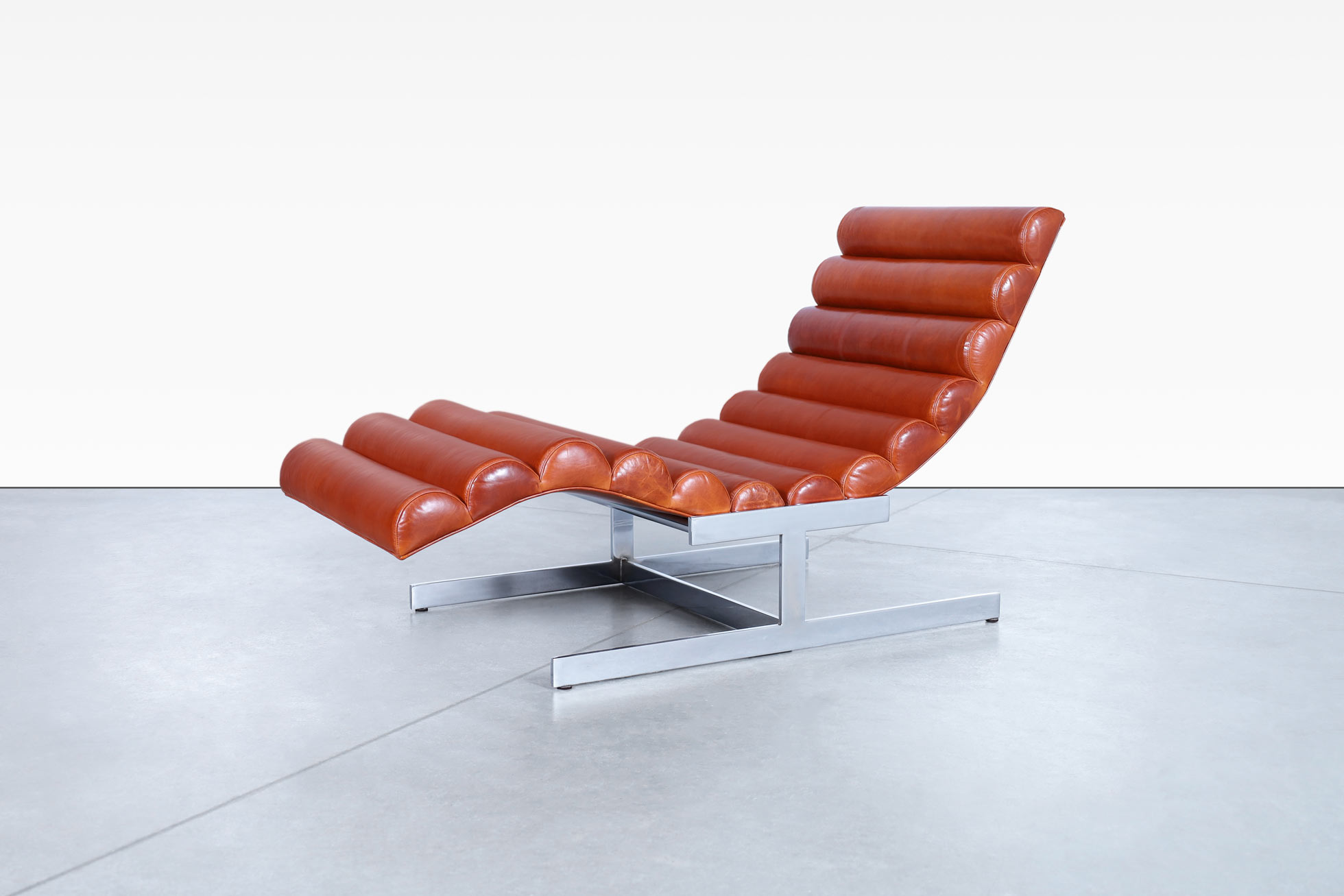 Vintage Chrome and Leather Wave Chaise Lounge Attributed to Milo Baughman
