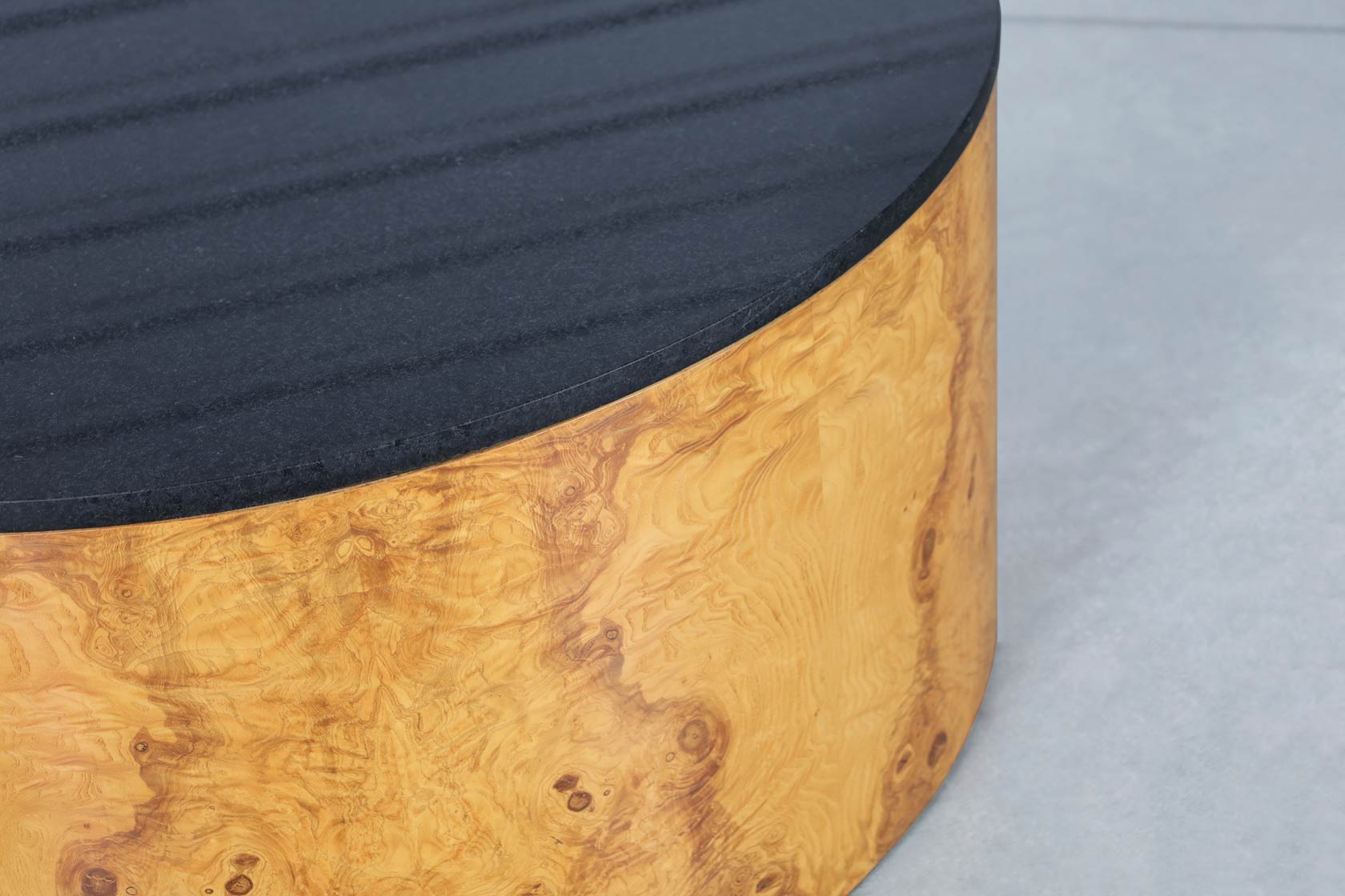 Vintage Burl Wood and Granite Drum Coffee Table by Paul Mayen