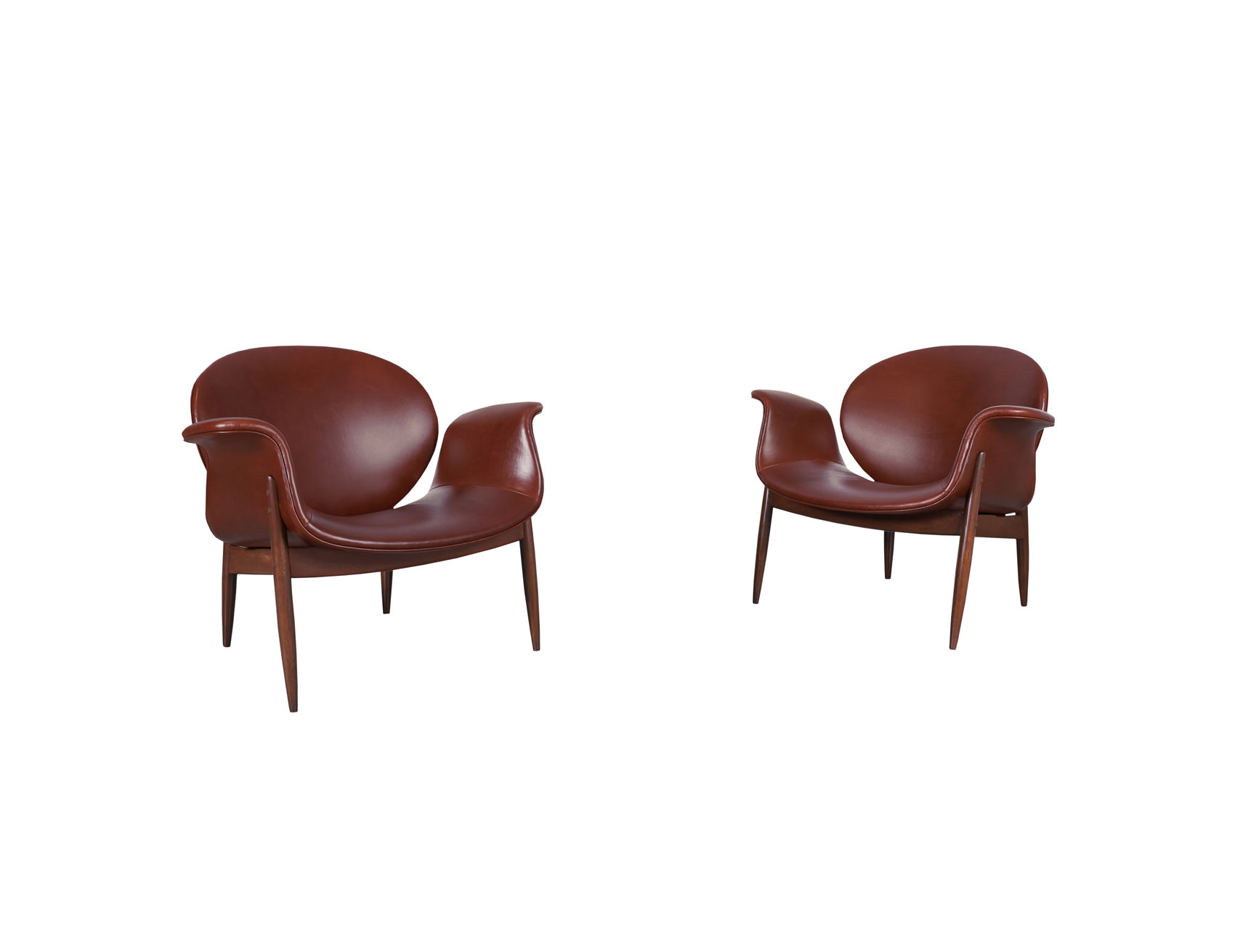 Vintage Leather and Walnut Swan Lounge Chairs by Arthur Umanoff