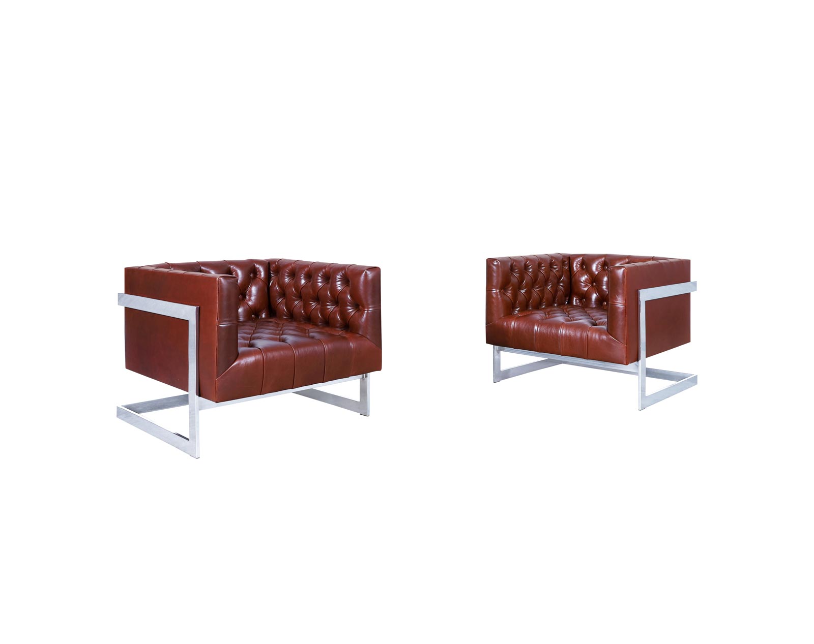 Vintage Leather and Chrome Diamond Tufted Lounge Chairs by Milo Baughman
